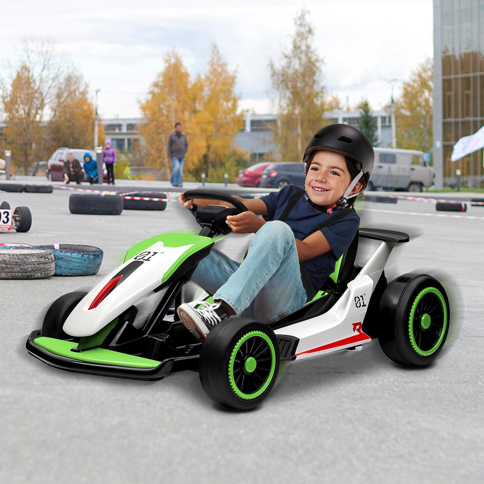 24V Electric Go Kart for Kids, Drift Cart with 2x200W Powerful Motors, 7AH Battery, Max 8MPH Drift Kart, Safety Belt, Slow Start, Music, High-Speed Crazy Cart Ride on for Kids Ages 6-12 - Green — view 6