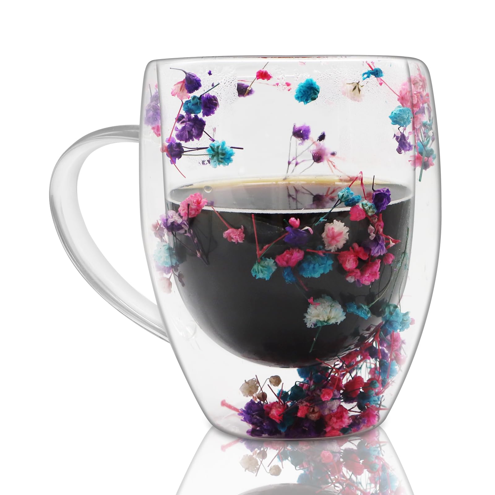 Dry Flowers Double Walled Glass Coffee Mugs -Creative Clear Glass Cups with Handle, Insulated Heat Resistant Glasses for Hot and Cold Beverages, Gifts for Women(350ml/11.8oz)