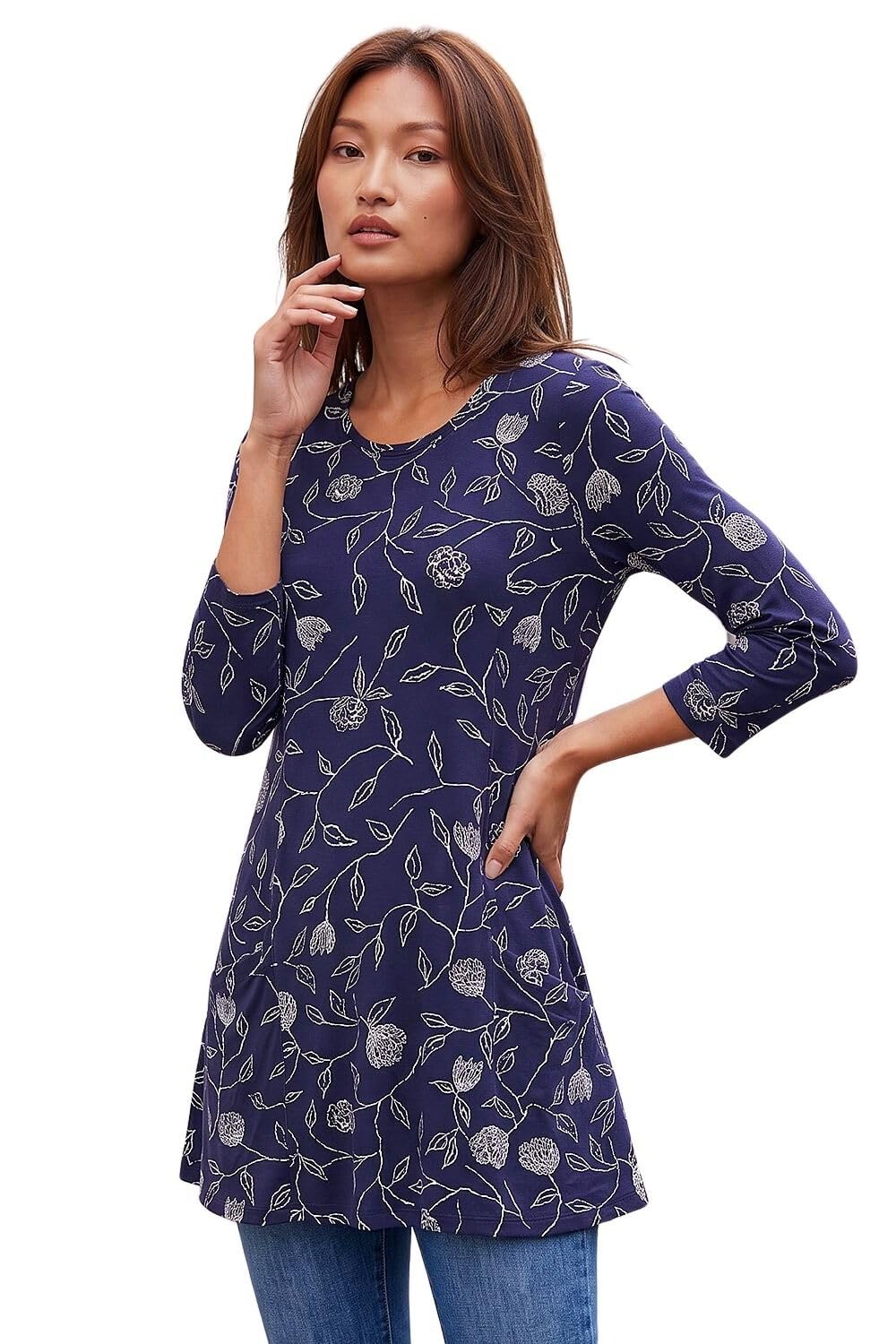 Roman Floral Print Pocket Swing Stretch Top, Navy, Size 12, Women