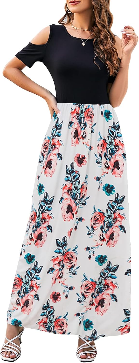 Kancystore Women's Short Sleeve Floral Maxi Dresses Cold Shoulder Dress with Pockets