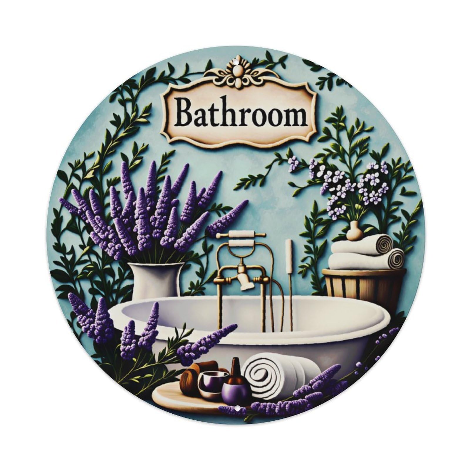 Lavender Bathtub Bathroom Vintage Round Sign Vintage Aluminium Metal Sign, Retro Wall Decor for Home, Bar, Garage & Farmhouse 20x20cm