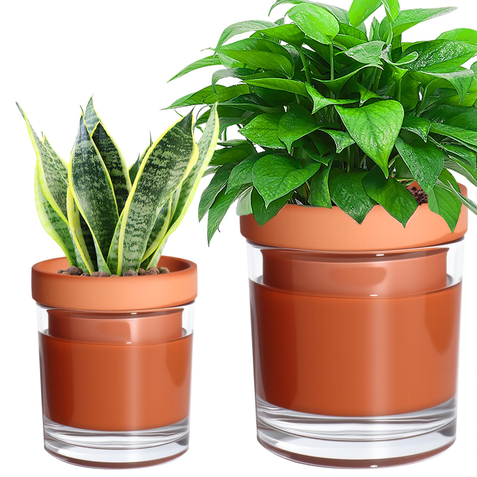 vensovo 10 cm and 15 cm Self Watering Pots for Indoor Plants - Terracotta Self Watering Planters for Indoor Plants, Terra Cotta Plant Pots with Glass Reservoir, Set of 2