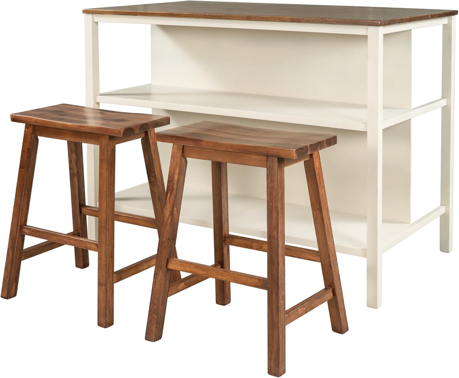 Kitchen Island with Seating for 2, 3 Piece Counter Height Dining Table Set with Storage, Farmhouse Wood Bar Table with Stools, Small Breakfast Dinner Table & Chairs, Walnut+Cream White