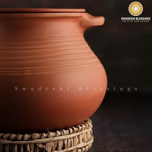 Miniatura 5 de Swadeshi Blessings Estuche de arcilla sin esmaltar hecho a mano exclusivo para cocinar y servir con tapa (sombra de fuego natural y brillo de