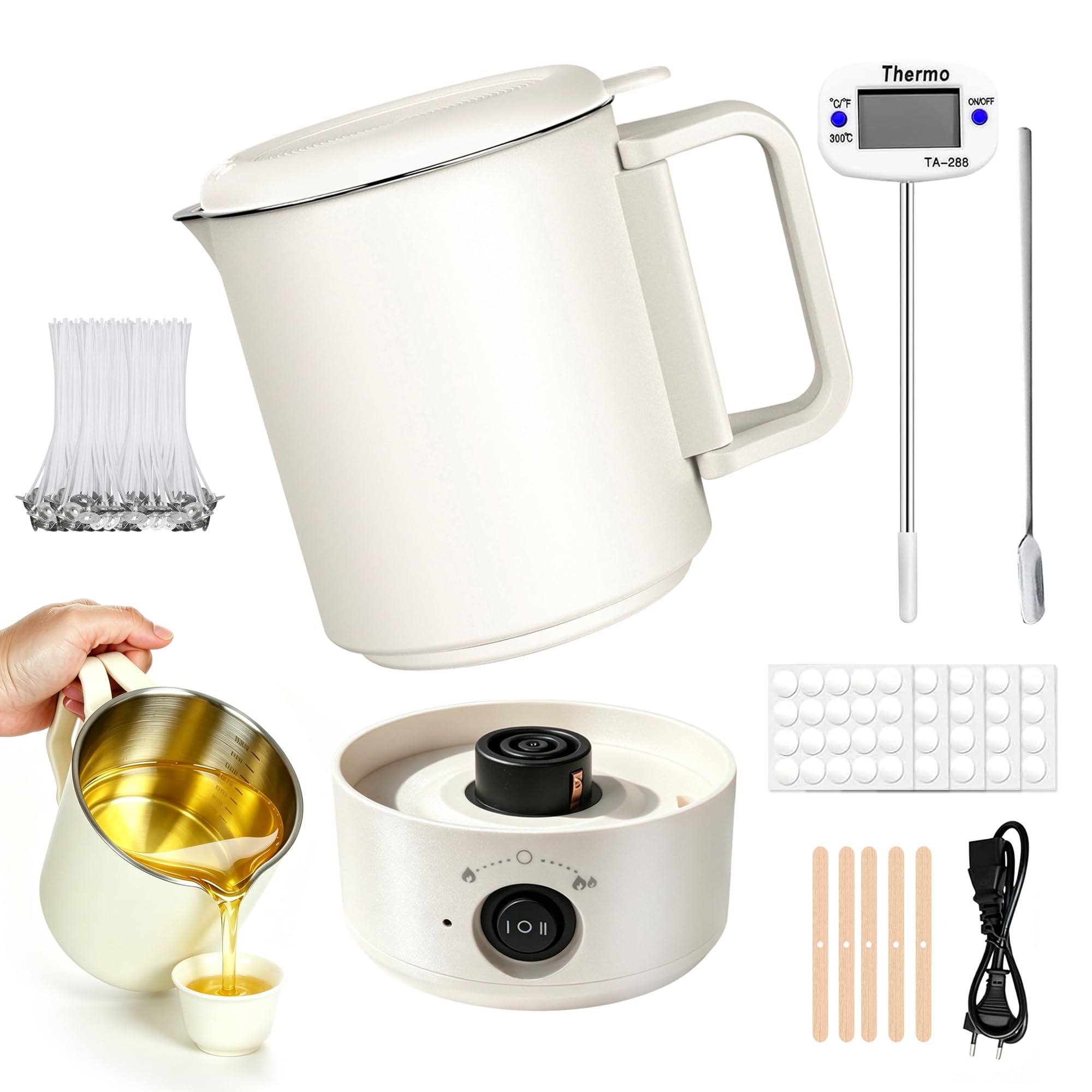 Kit de suministros para hacer velas con olla de fusión de cera, calentador eléctrico pequeño de cera de 27 onzas con termómetro y boquilla de vertido para hacer jabón para principiantes, adultos