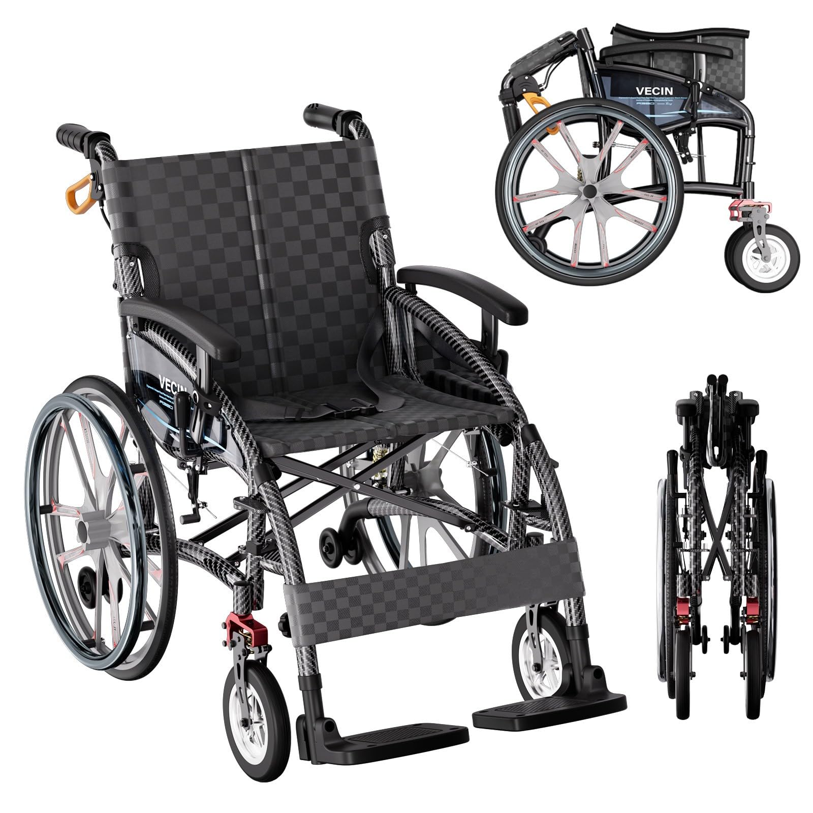 ACLFF Lightweight Folding Self Propelled Wheelchair for Adults with Shock Absorbers, Retractable Footrests, Anti-Tipper, Ergonomic Cushion for Elderly Disabled Adults Home Outdoor Travel