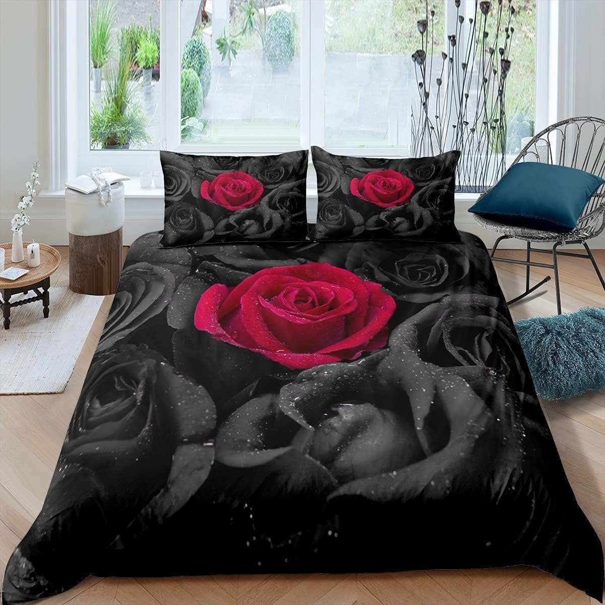 richhome Roses Duvet Cover Set Flowers Bedding Set Single Size Romantic Flowers Comforter Cover Set Boys Girls Teenagers 3D Black Red Roses