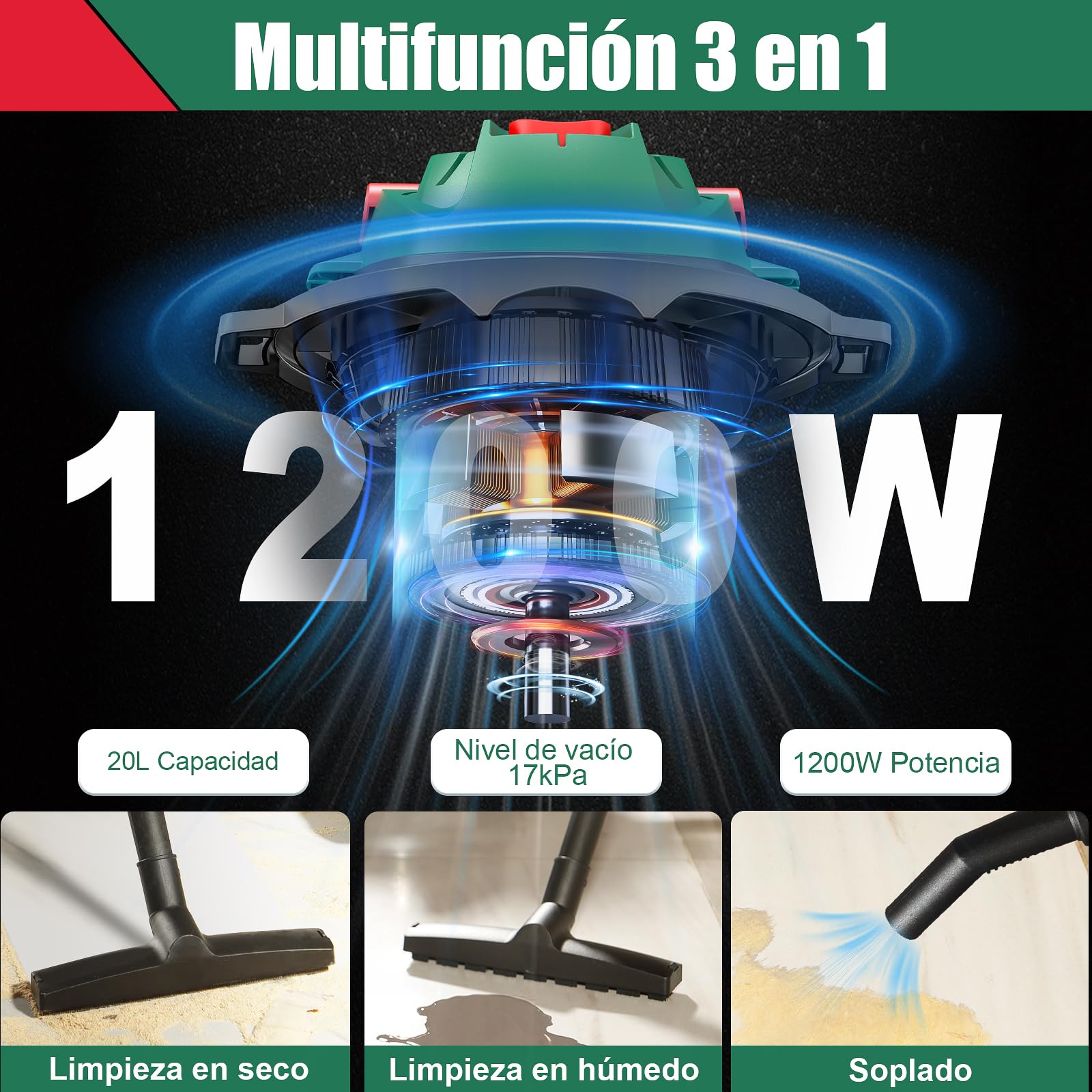 HYCHIKA Aspiradora Industrial 20L 3 en 1 Seco y Húmedo con Filtro HEPA