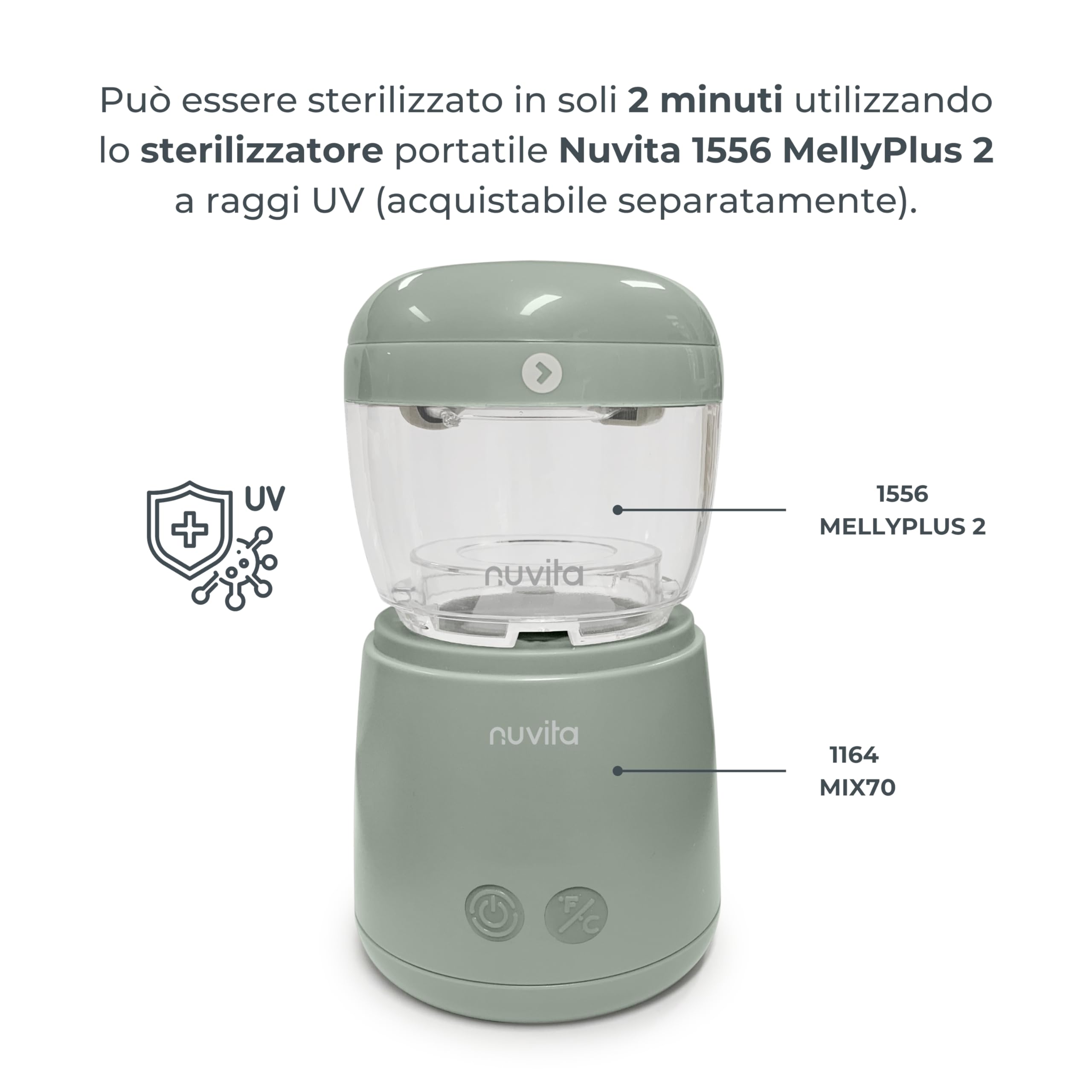 Nuvita 1164 Mix70 - Calentador de botellas portátil con función mezcladora, 5 temperaturas hasta 70 °C, universal con 6 adaptadores incluidos, batería recargable, pantalla LED, sin BPA