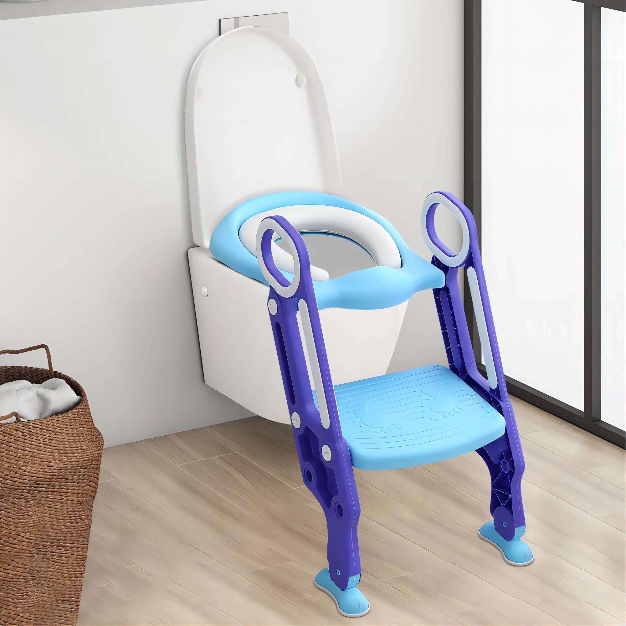 Sedile WC per bambini per WC per adulti, riduttore per WC pieghevole, con cuscino e maniglia, per WC per bambini con scala regolabile a 2 piani (blu e lilla)