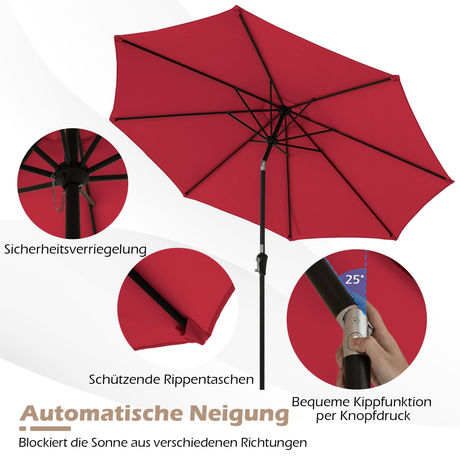 GOPLUS Sonnenschirm 300cm, Gartenschirm beidseitig um 25° knickbar, Terrassenschirm mit Kurbel, Balkonschirm mit 8 Rippen, Marktschirm für Garten, Balkon & Terrasse, Weinrot