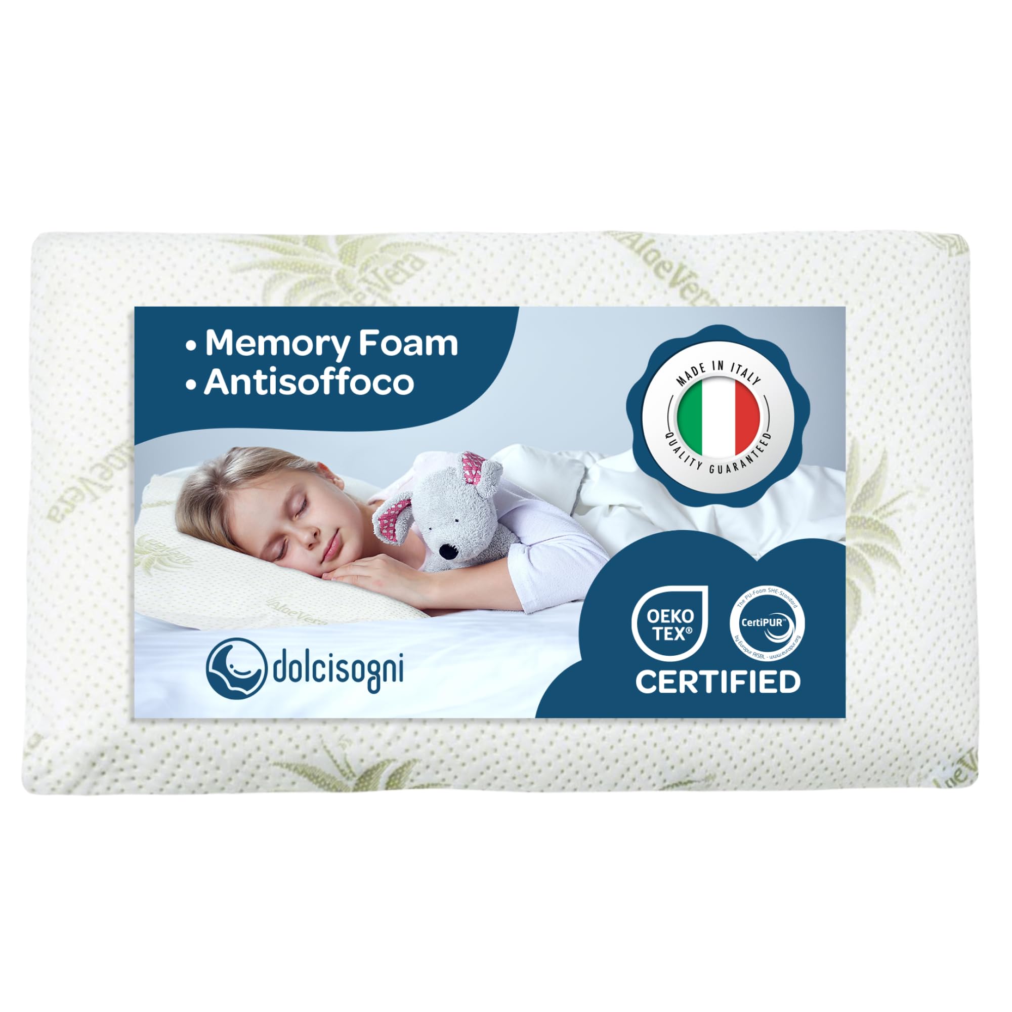 DOLCI SOGNI Cuscino Lettino Bambino Antisoffoco 50x30 Memory Foam Spessore 5,5 cm, OEKO-TEX® e CertiPUR™ Cuscino per Asilo, Guanciale Bambini Modello Aloe Cuscino da Viaggio 100% Made in Italy