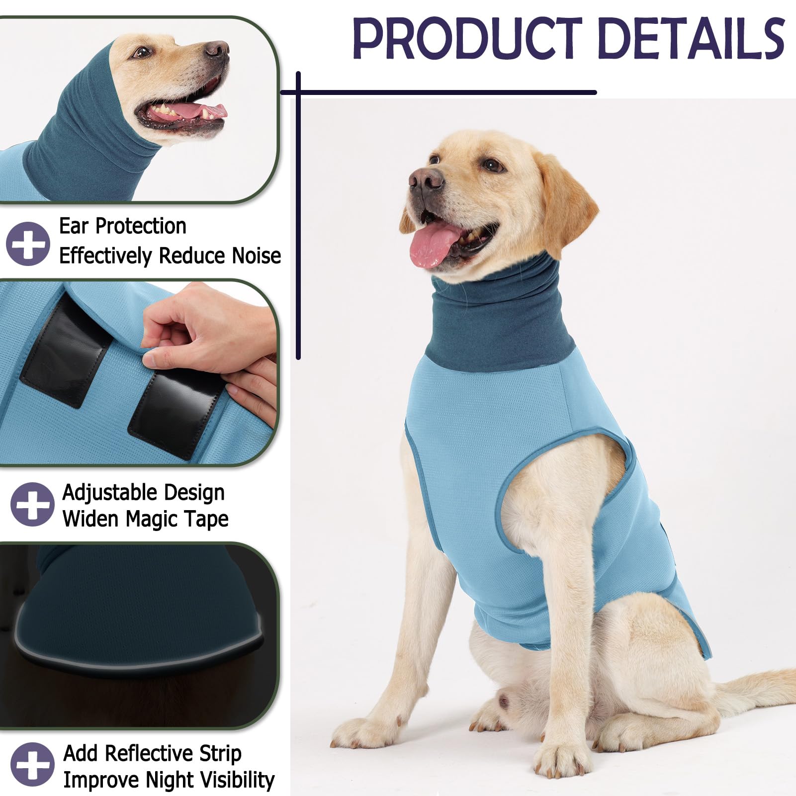 KOESON Beruhigender Kapuzenpullover für Hunde, Donnerjacke mit Ohrwickel, atmungsaktive Hunde-Angstweste für Donner, Feuerwerk, Reisen, Trennung, Komfort, Haustier-Angstlinderung, Hellblau, Größe L