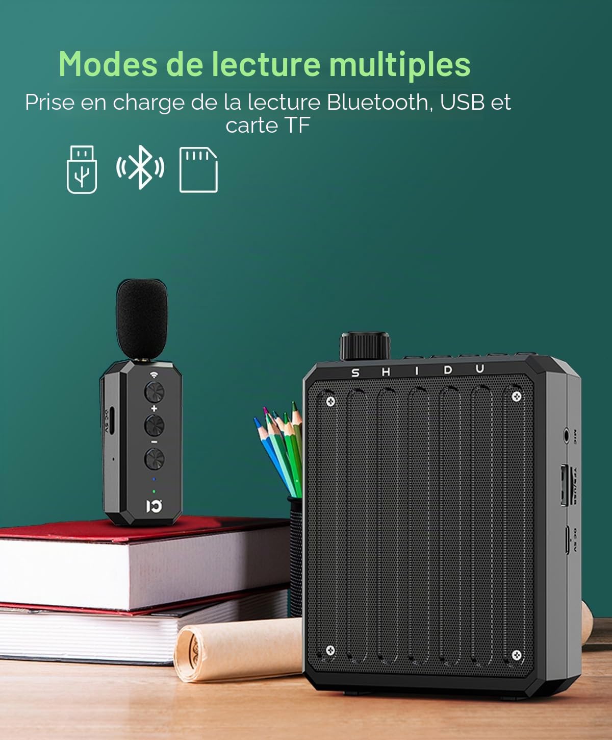 Amplificateur de Voix avec Micro Cravate sans Fil pour Les Enseignants | Amplificateur voacl Portable, Rechargeable, Lecteur TF/USB, Amplificateur voix sans Fil Les visites, Les événements