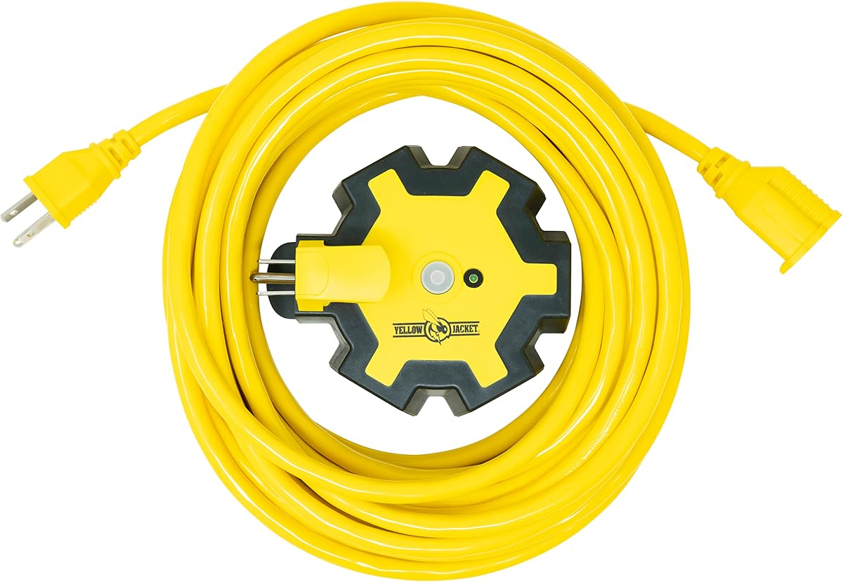 Yellow Jacket Outdoor Power Set, 5‑Outlet ABS Power Station with Breaker & Debris Covers + 30ft 14/3 SJTW Extension Cord, –50°C Cold‑Weather Rated, Heavy‑Duty Outdoor Electrical Kit