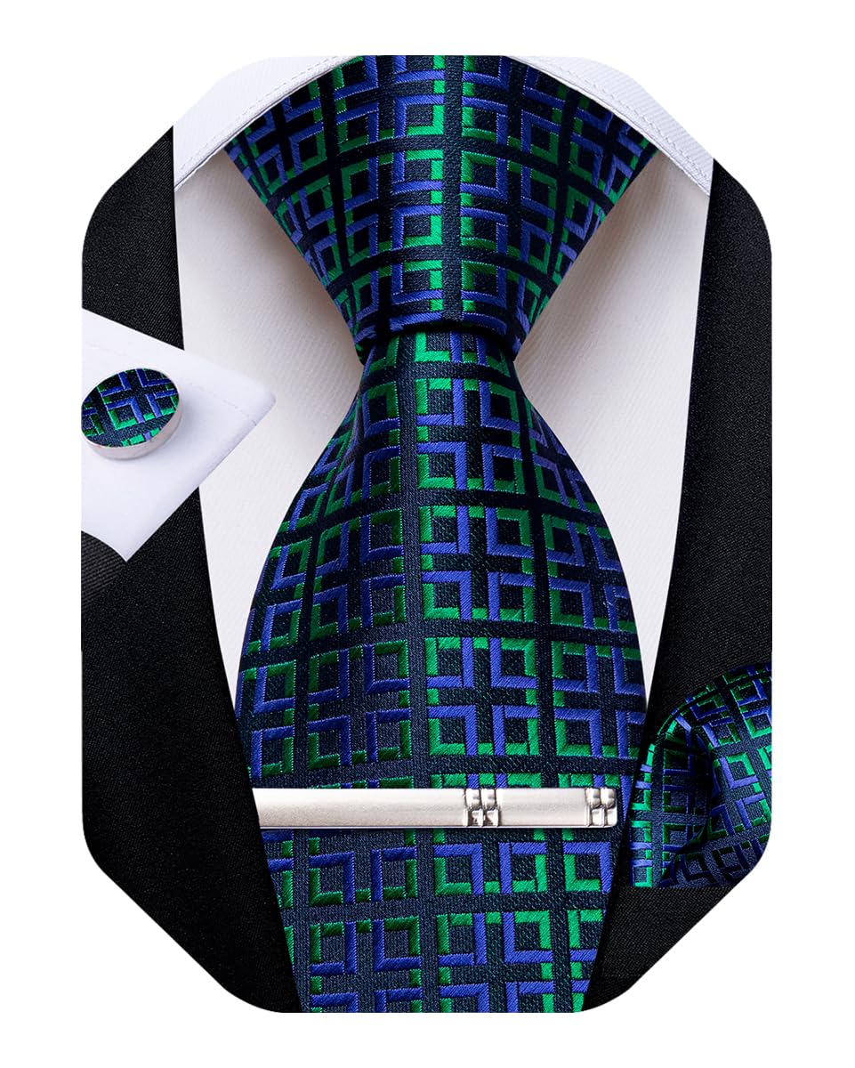 DiBanGu Mens Silk Plaid Tie and Pocket Square Set