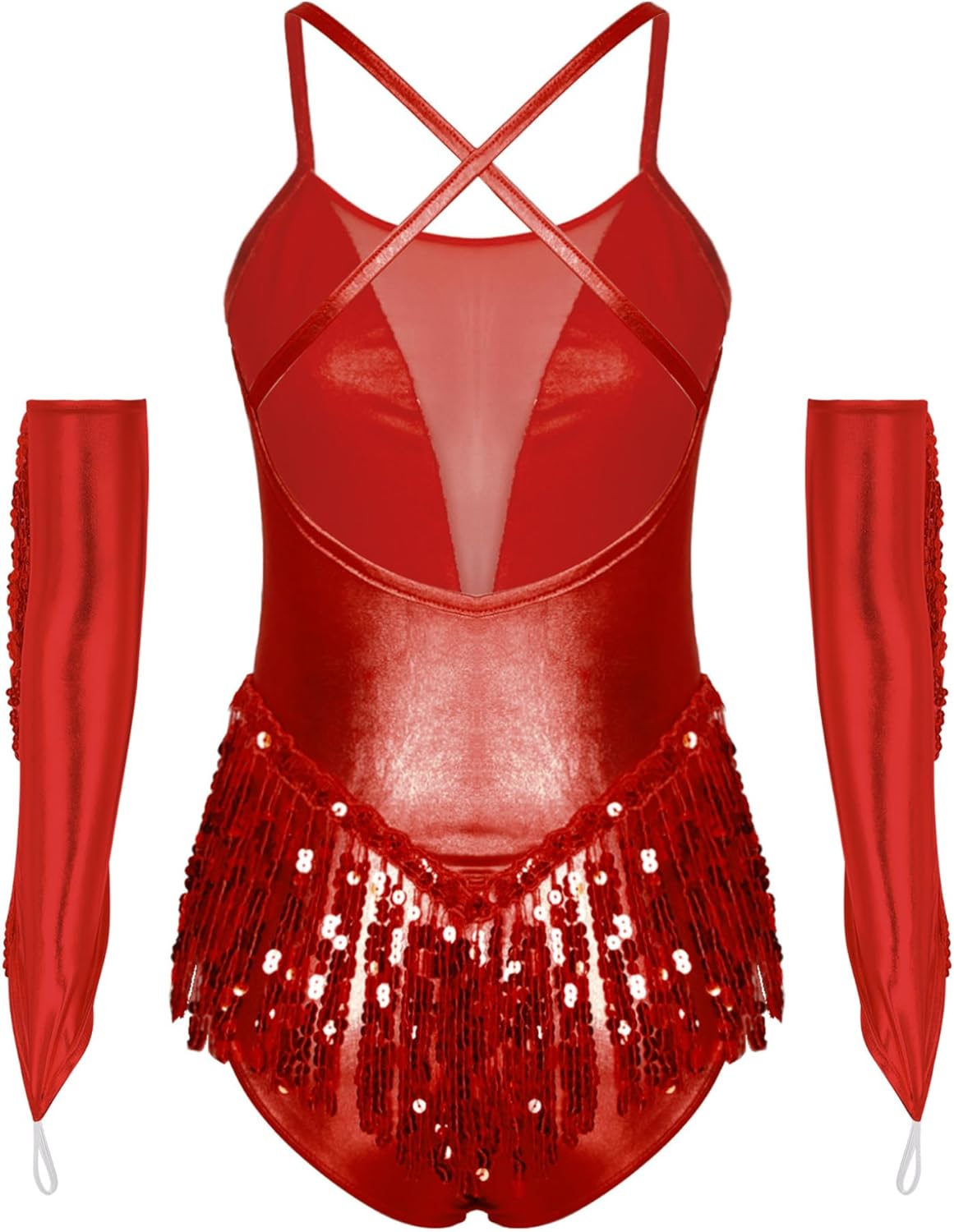 Freebily Sequin Fringe Bodysuit for Women Sparkly Leotard Tassel Latin Jazz Dance Costume Gloves Festival Rave Outfits