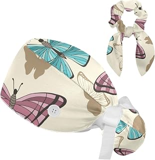 FVQL Set of 2 Bouffant Caps with Hairband Surgical Caps Scrub Cap, Butterflies Seamless Pattern