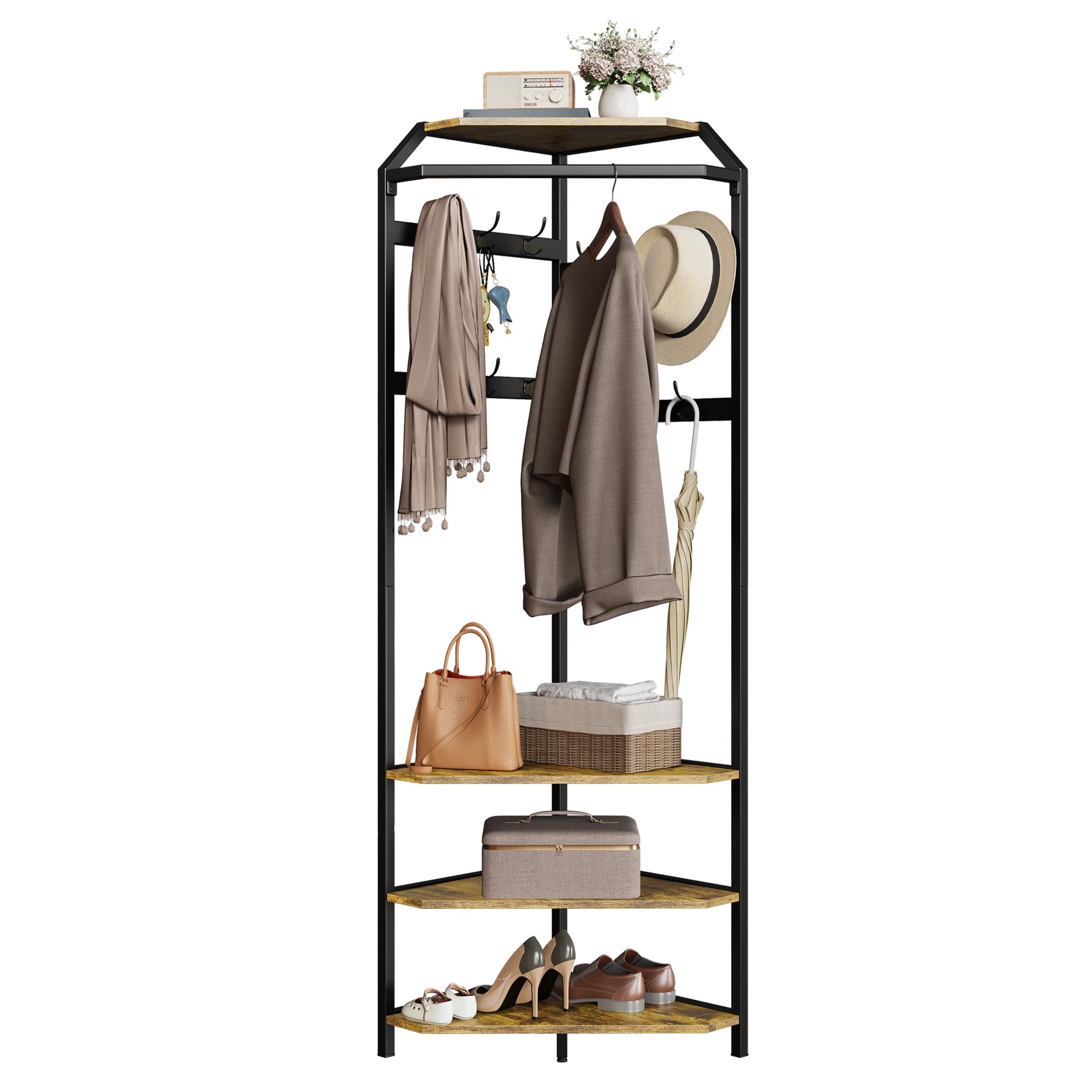 AffinityFurn Corner Coat Rack Stand with Shoe Storage, Standing Corner Hall Tree with 12 Metal Hooks and Wooden Storage Shelves, 4-Tier Corner Clothes Rack for Entryway, Hallway, Bedroom(Brown)