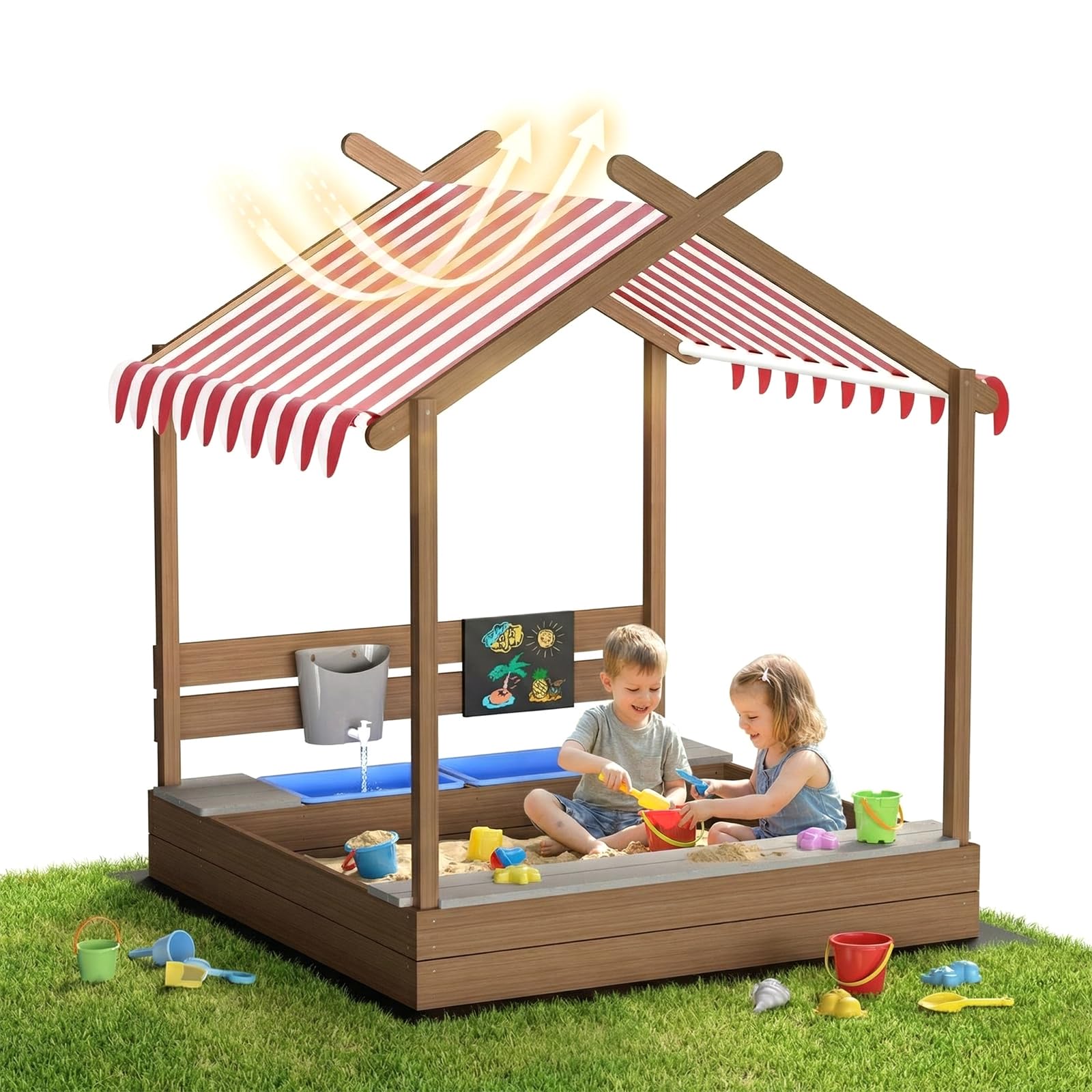 MAMIZO Grande Sabbiere da Esterno per Bambini 3-10 anni, Sandbox in Legno con Tetto, Recinto di Sabbia con Lavagna, Rubinetto, 2 Bacinella, Giardini Playhouse per Spiagge, Balconi, 113x116x142 CM
