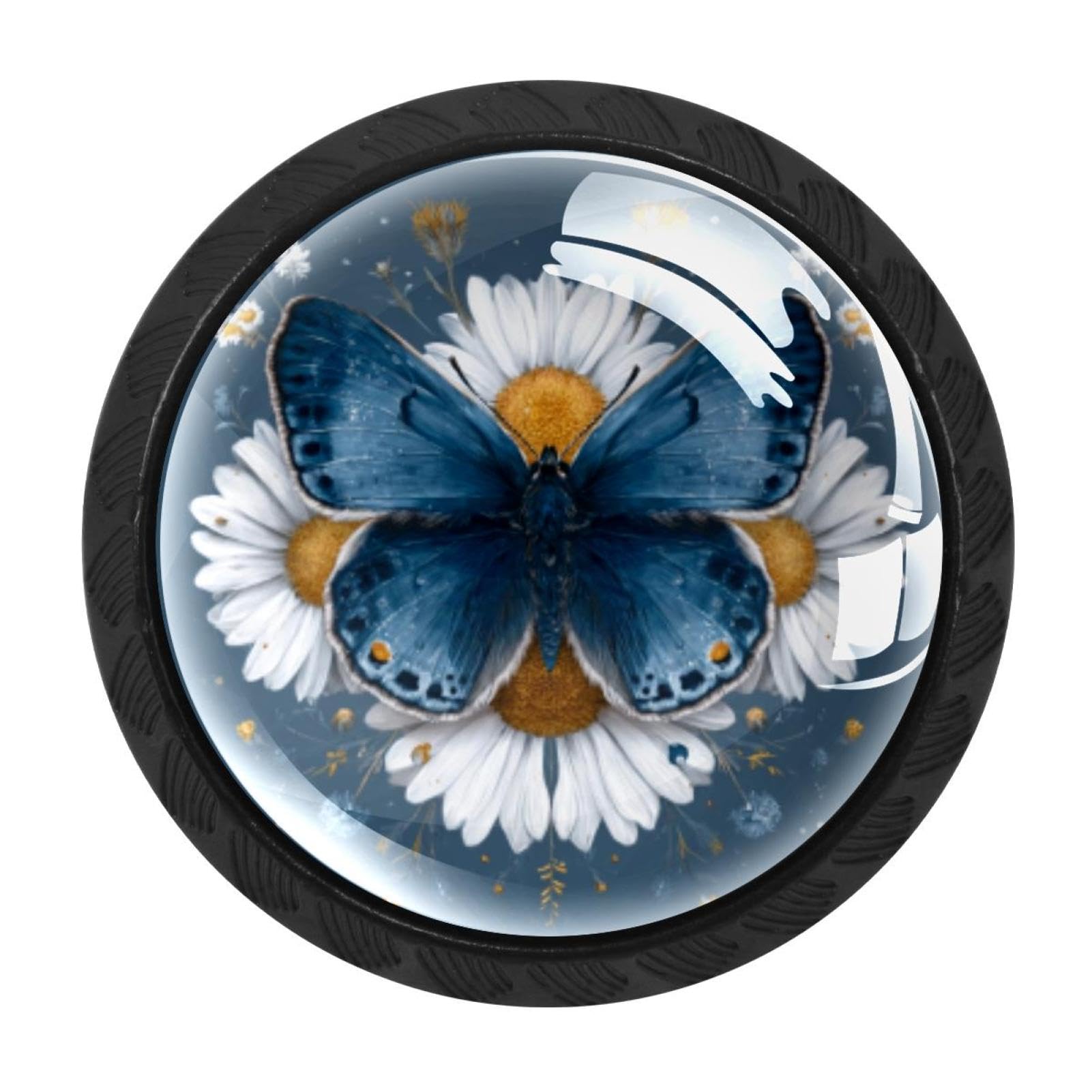 CHENZZZZ Daisy Butterfly Blue Drawer Knobs Pull Handles 4 Pcs Glass Cabinet Drawer Pulls for Home Kitchen Office Cabinet Cupboard