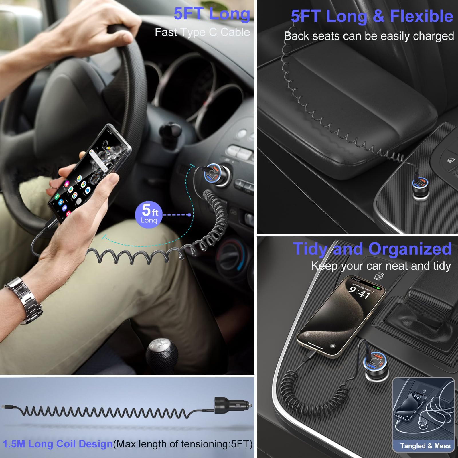 Cargador de coche USB C de 65 W, 4 puertos rápidos Dual 12 V USB-C y USB-A Cargador de teléfono de coche QC y PD 3.0 Adaptador de encendedor de cigarrillos súper rápido para iPhone 16/15 Pro Max +2