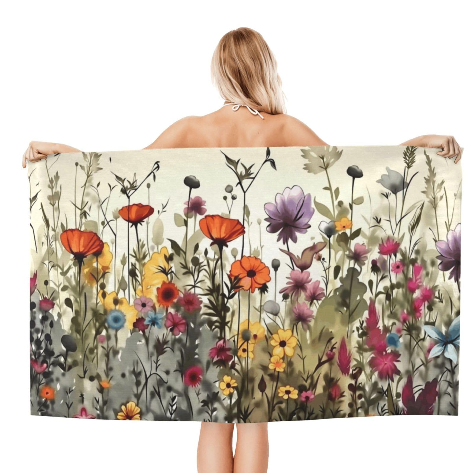 Anceky Beach Towel for Women, Floral Meadow Sand-Free Microfiber Ultra Soft Lightweight Bath Towels for Outdoor Bathroom Swimming 32"X52"