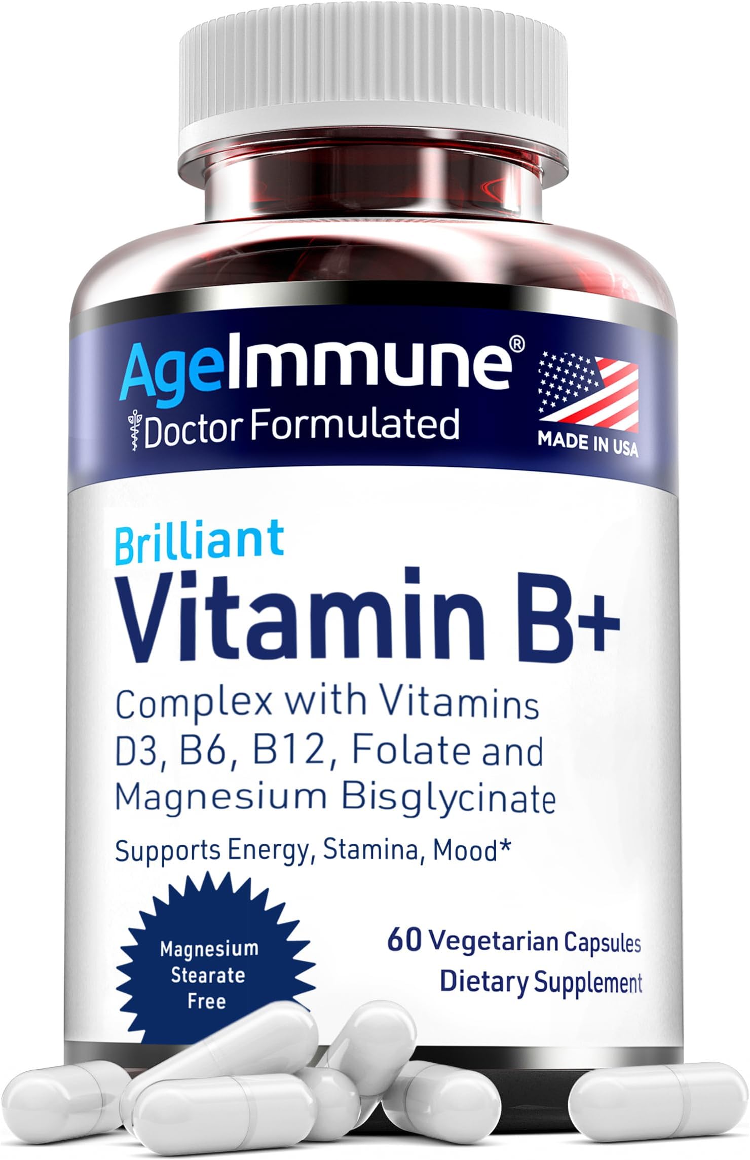 Vitamin B Complex - 60 Capsules with Vitamins B6 20mg D3 1000IU Magnesium Bisglycinate 260mg Methyl B12 1000mcg and Folate as Methylfolate 600mcg DFE. Doctor Formulated MTHFR Support Supplement.