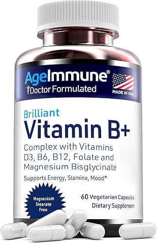 Complejo de vitamina B con vitaminas B6 20 mg, D3 1000 UI, Bisglicinato de magnesio Albion 260 mg, Metil B12 1000 mcg y Folato como metilfolato 600