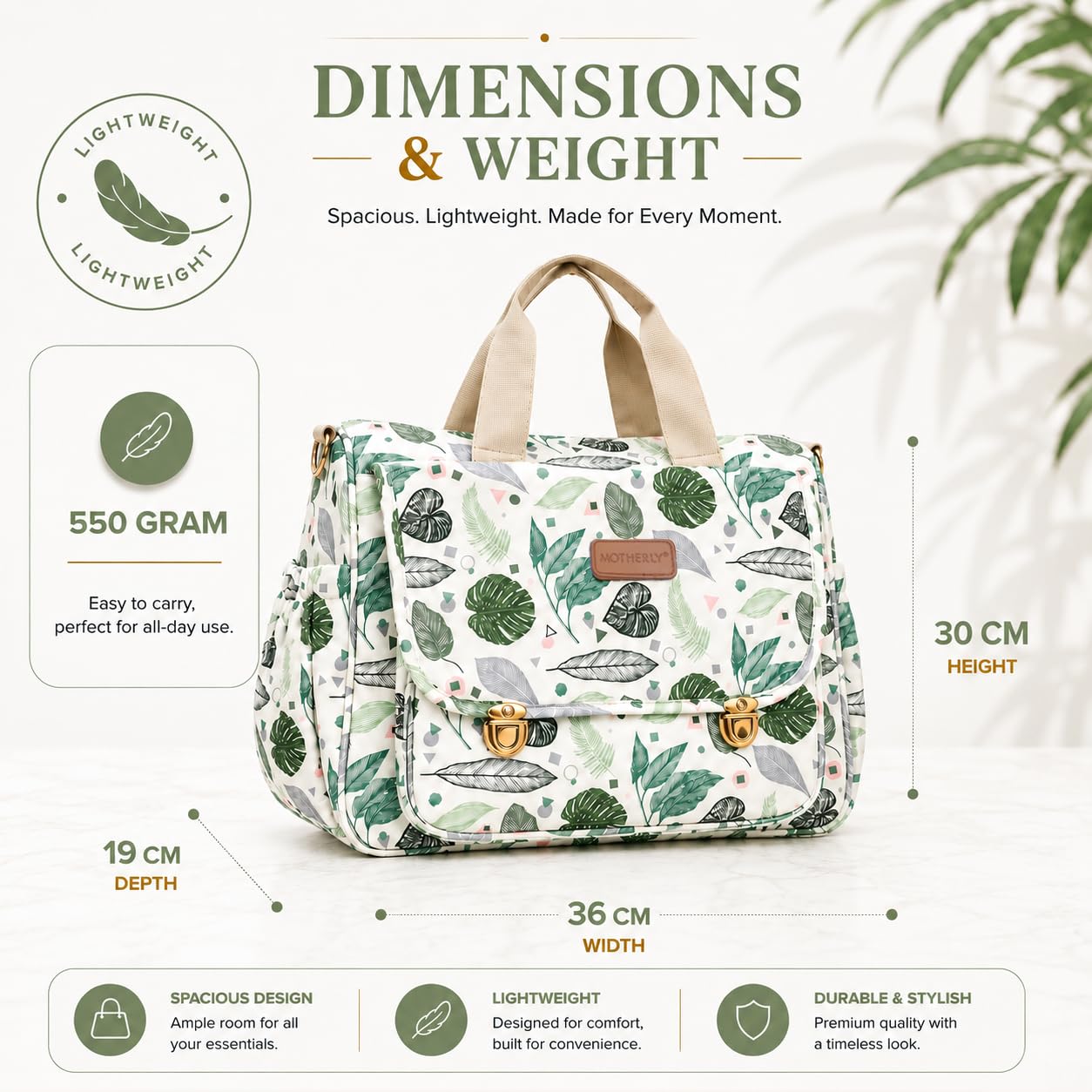 Motherly Tote Diaper Bag for Mothers for Travel, Glory Series, Green Leaf 1