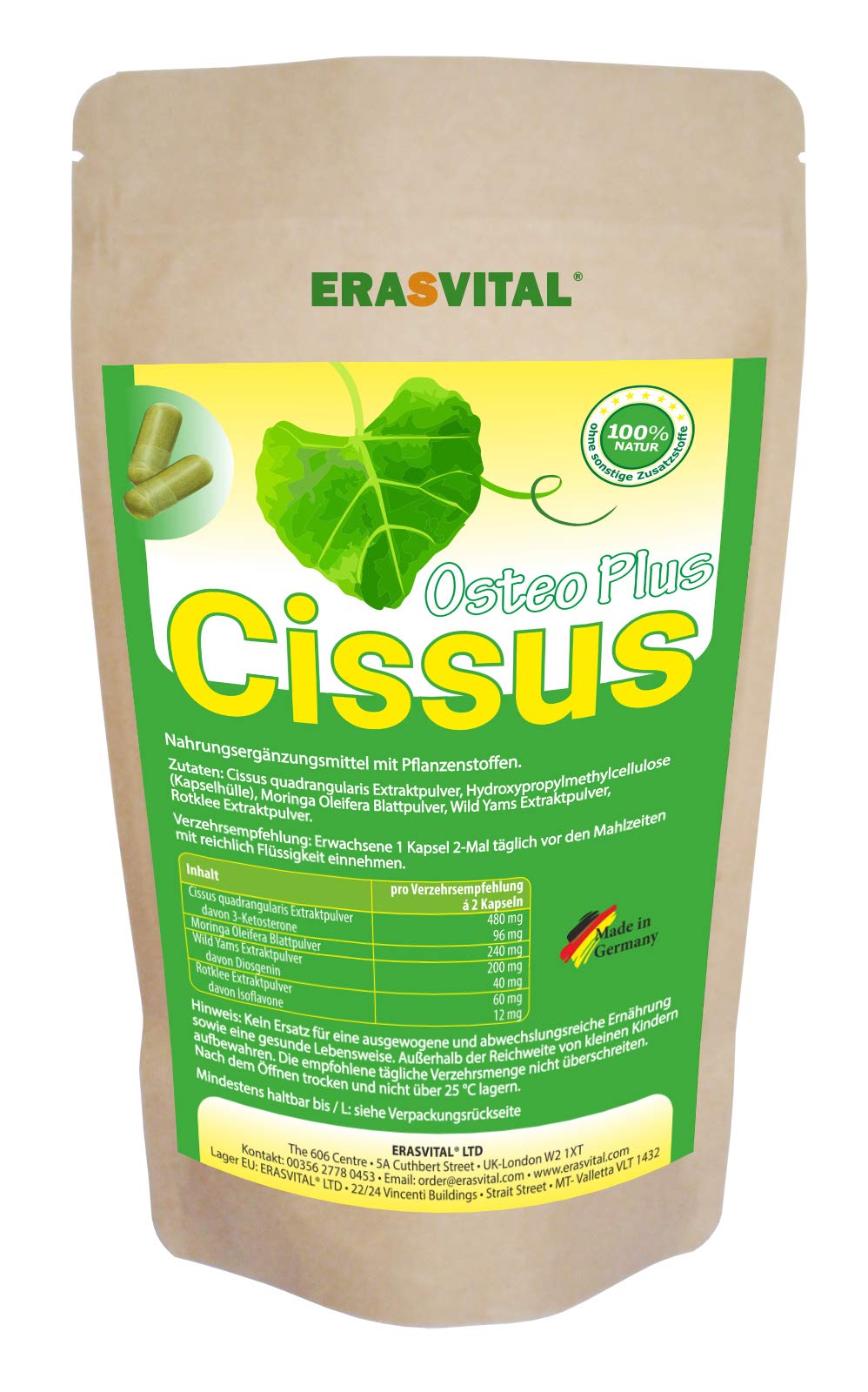 ERASVITAL Cissus Osteo Plus 60 Kapseln mit Cissus quadrangularis Extrakt und weiteren pflanzlichen Helfern Vegan