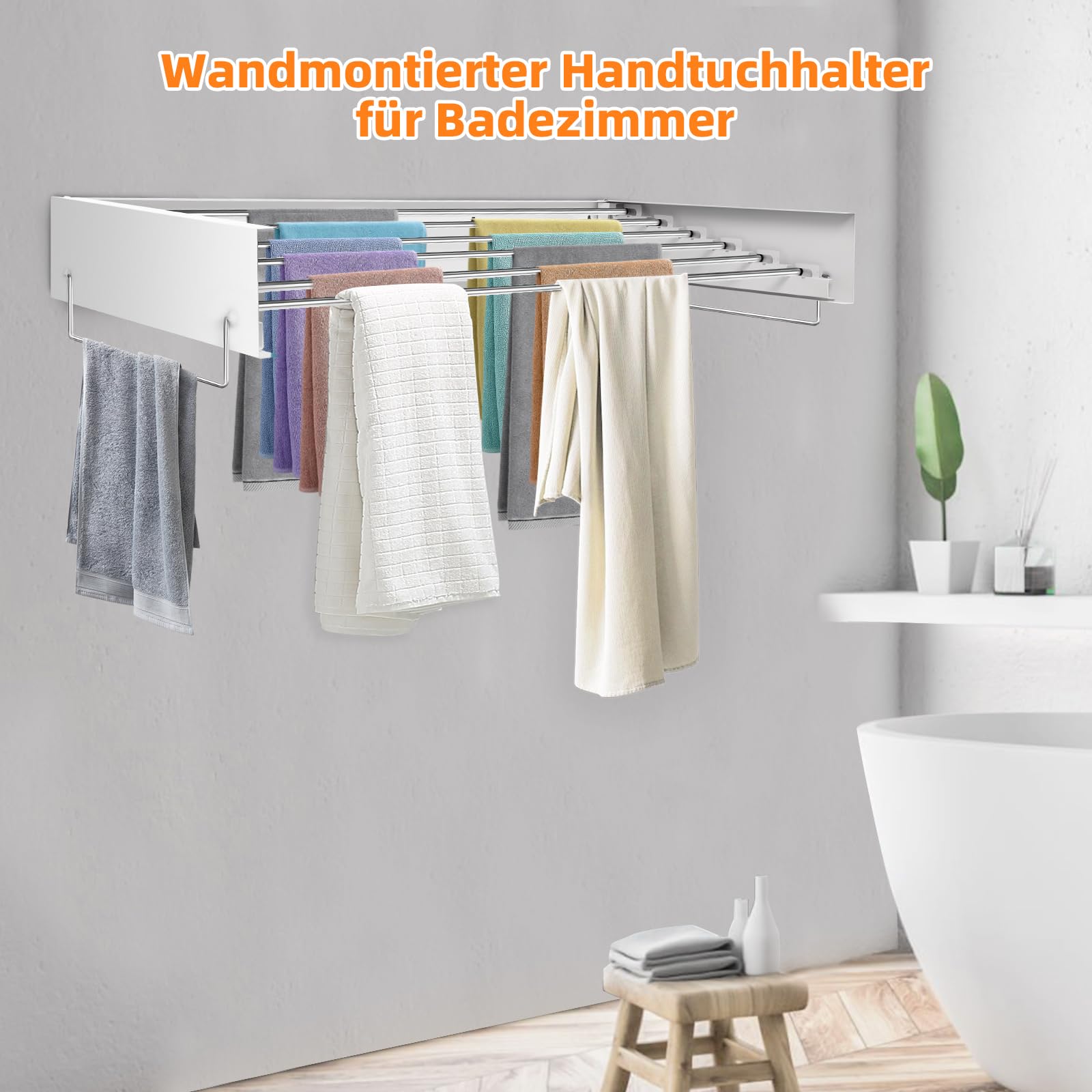 Wäscheständer Wandmontiert, Wandtrockner, klappbar Ausziehbarer 100cm Weiß | mit 6 hochwertigem Edelstahlstange, Wäscheständer zur Wandmontage für Innen oder Außen,Balkon, Terasse