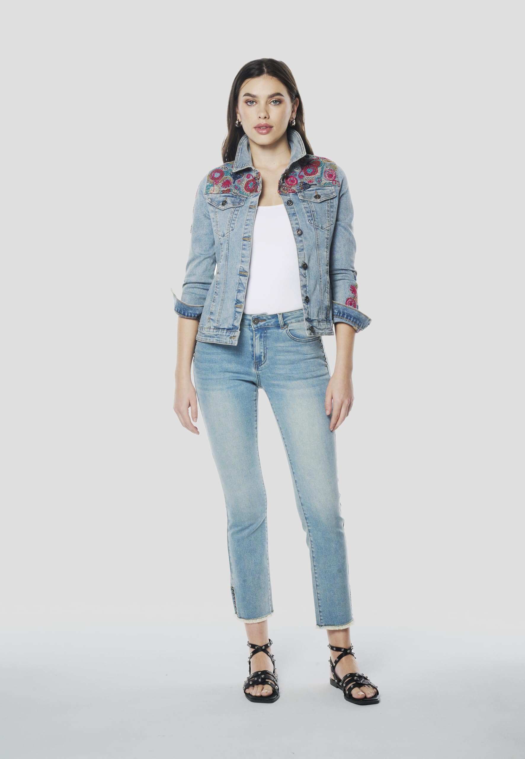 Koroshi Cazadora Chaqueta Vaquera Denim Corta Mujer Azul Bordado Floral