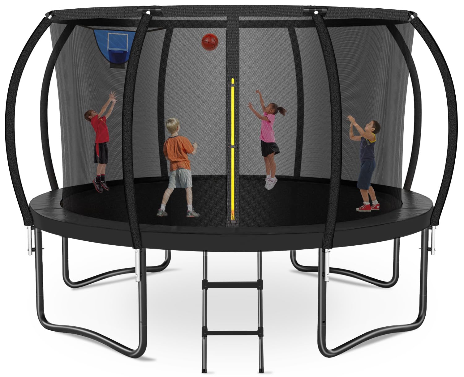 Zevemomo 12 FT Outdoor Trampoline with Basketball Hoop, 12FT Large Heavy Duty Trampoline with Jumping Mat, Pumpkin Curve Poles, Safety Net, Ladder for Kids & Adults