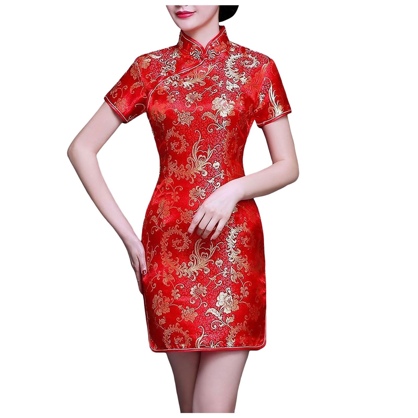 Abito Qipao Cheongsam Donna | Corto/lungo Con Maniche Corte | Motivo Drago Broccato | Per Cerimonie E Feste Eleganti