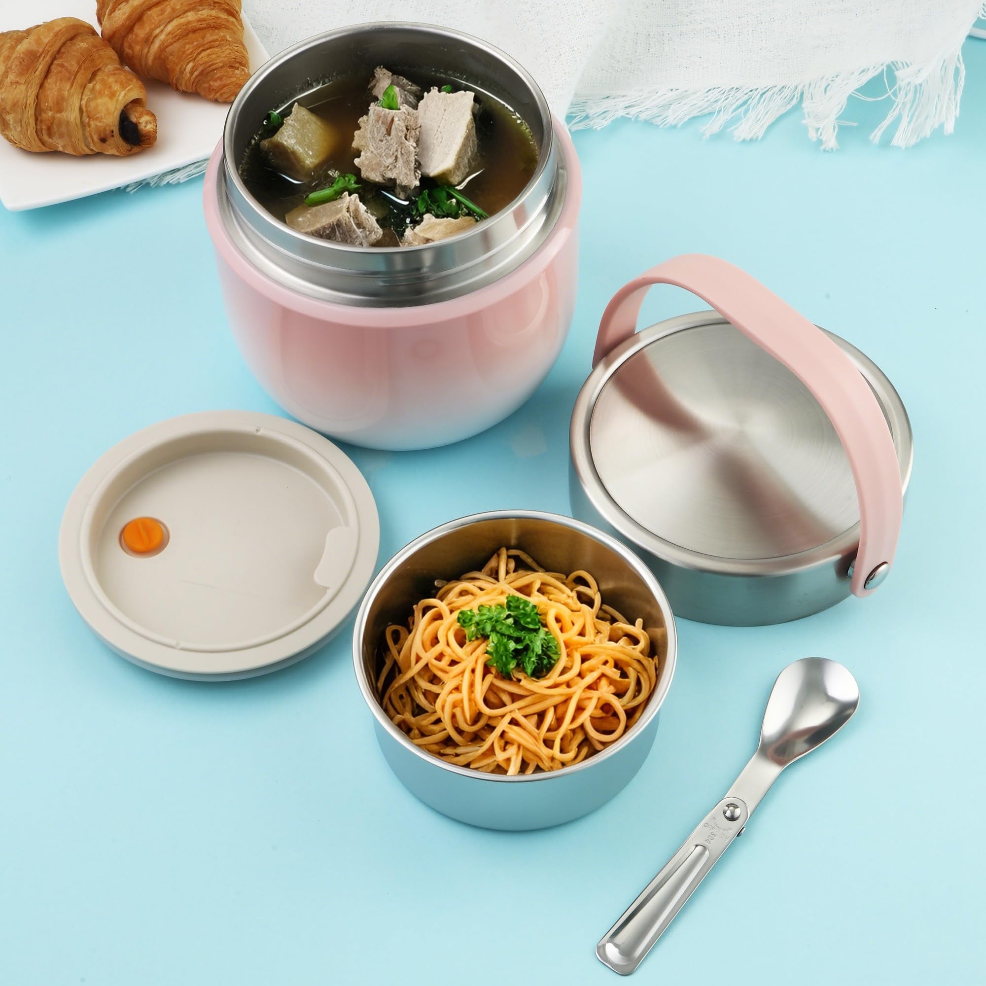 Thermos per Alimenti 1200 ml Contenitore Termico per Alimenti con Cucchiaio Pieghevole Porta Pappa Termico per conservare zuppe, porridge,Riso (Rosa)
