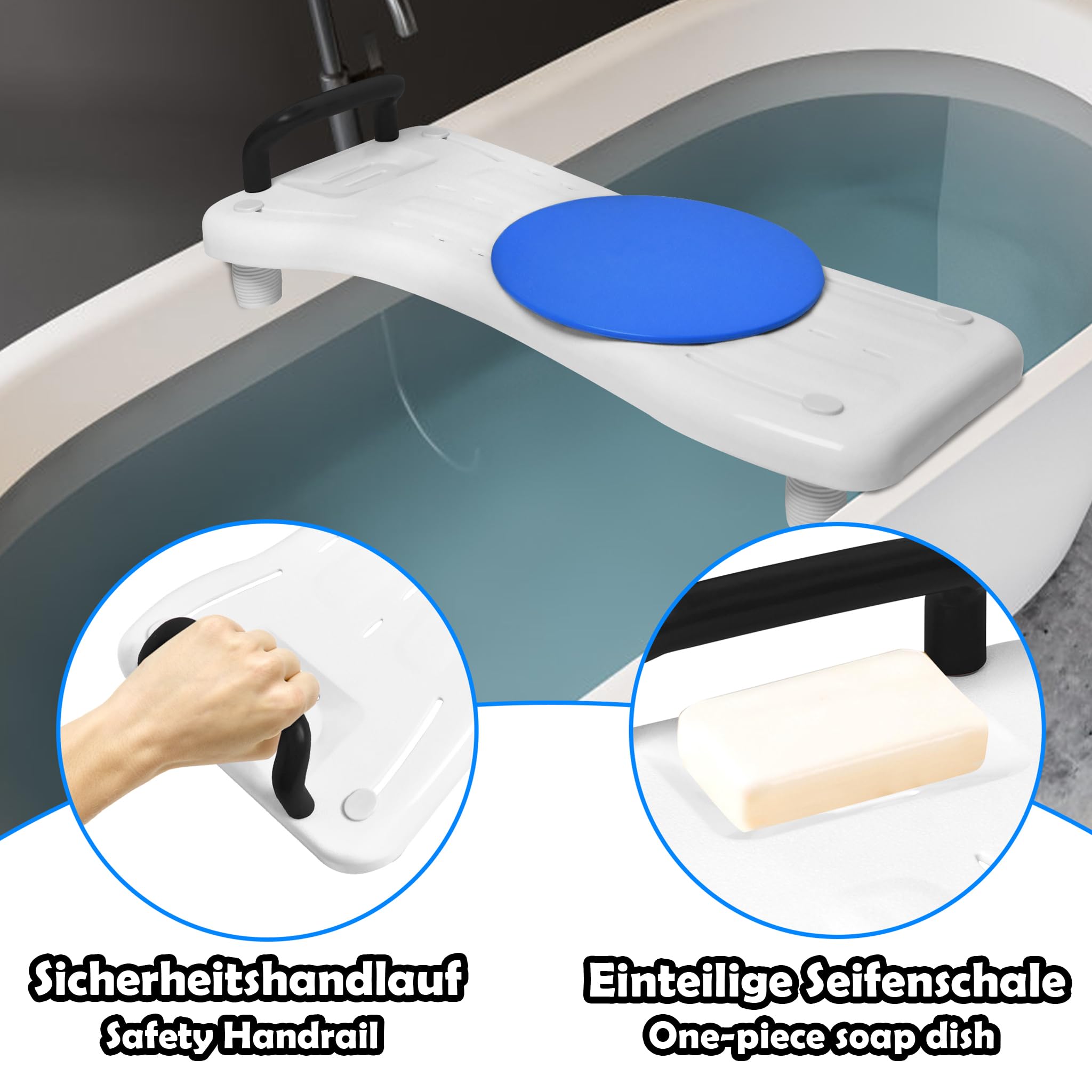 ACXIN Badewannenbrett Senioren mit Seifenablage und Schwarz Griff, Badewannensitz Sitzbrett für Badewanne, 41-63cm Einstellbar Duschbretter mit Drehscheibe, bis zu 150 kg Belastbarkeit