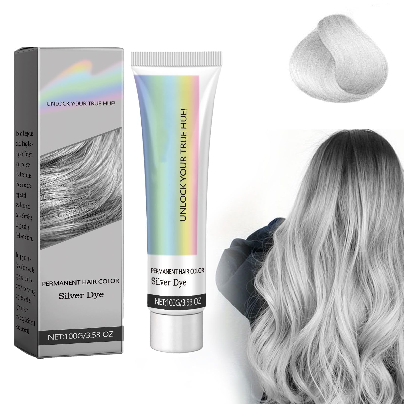 TERRIFI Silver Gray Natural Hair Dye Cream, Unisex Long-Lasting Hair Color, Easy to Apply and Non-Stripping, Suitable for All Hair Types, Fashionable 3.53 OZ (Grey, 1 PC)