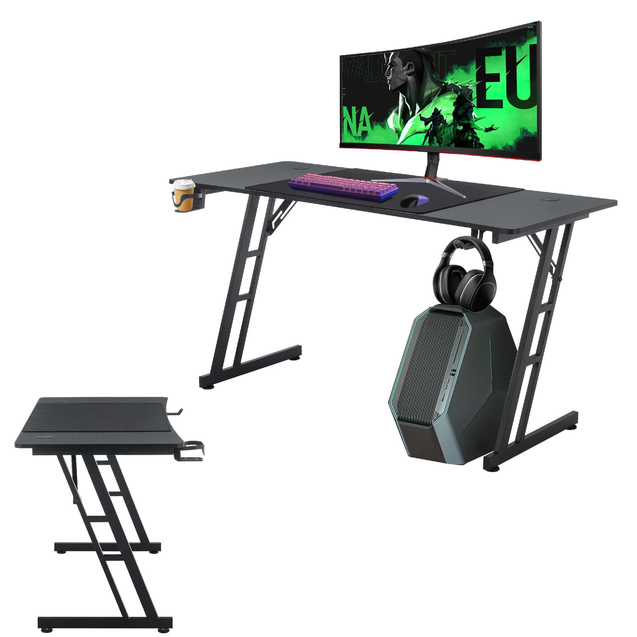 UISEBRT Mesa de gaming, mesa de ordenador para videojuegos con superficie de fibra de carbono, mesa ergonómica de hasta 150 kg, para dormitorio o oficina, 140 x 60 x 74 cm