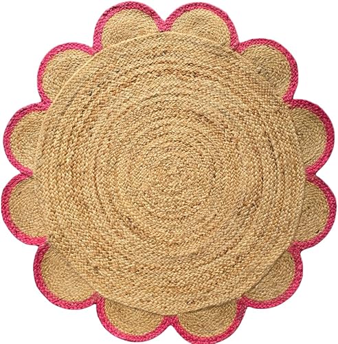 Miniatura 5 de Alfombra redonda natural de yute, alfombra de piso con borde festoneado, trenzado, bohemio, ecológico, grande, circular hecha a mano (natural,