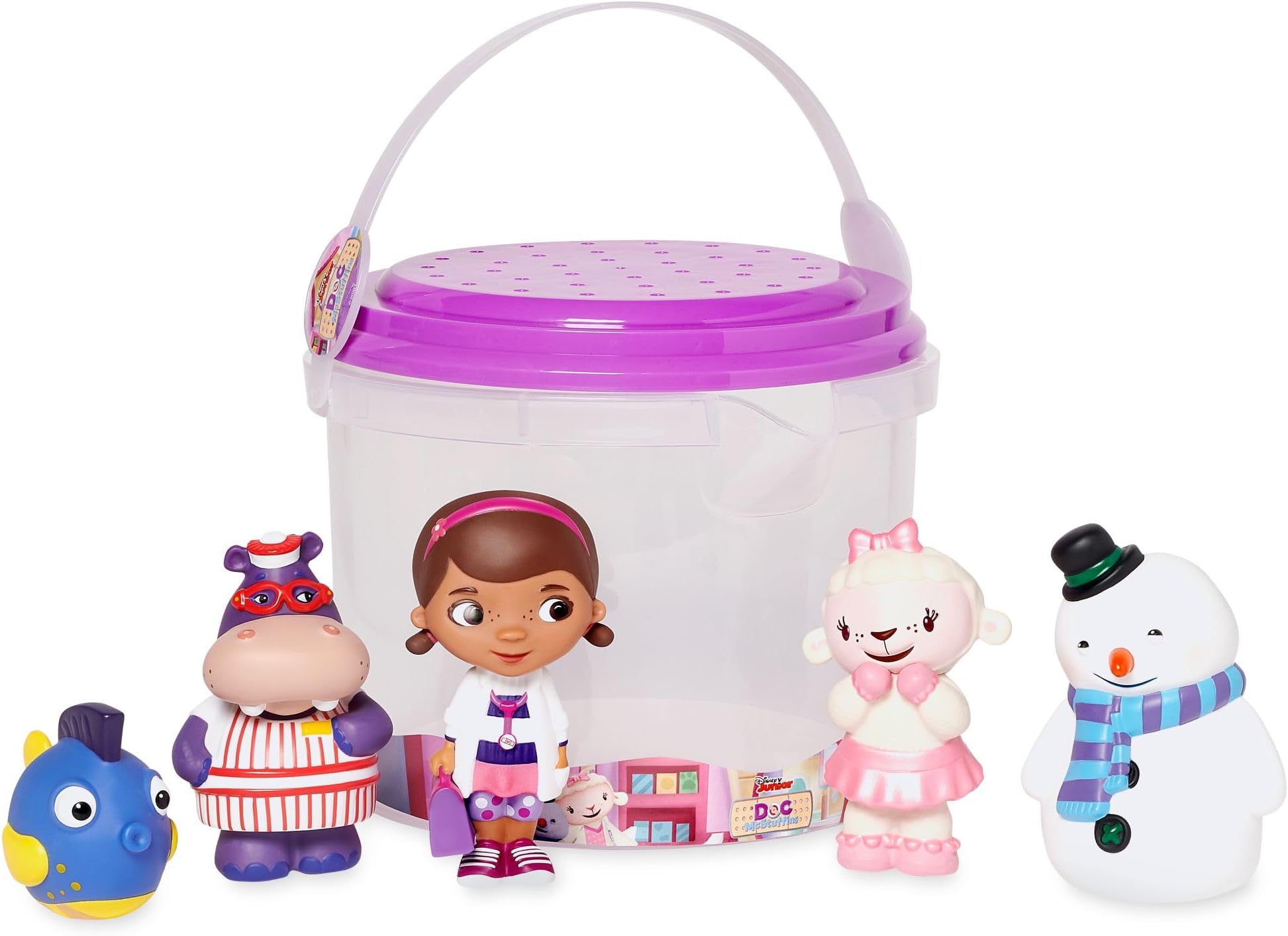 Disney Store Official Bath Toy Set for Kids, Doc McStuffins, 5 Pc., Playset Includes Bucket with Straining Lid and Five Figures, Suitable for Ages 6 Months+