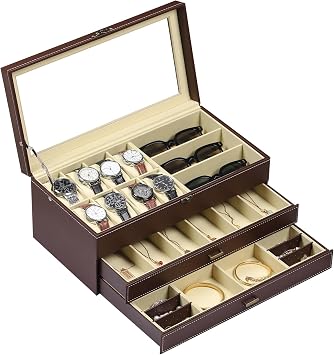 AUTOARK 3 Layer Leather 8 Watch and 3 Eyeglasses Sunglass Box with Jewelry Display Drawer Lockable Case Organizer,Mens Women Storage Holder Boxes,Glass Top,Brown,MKAW100