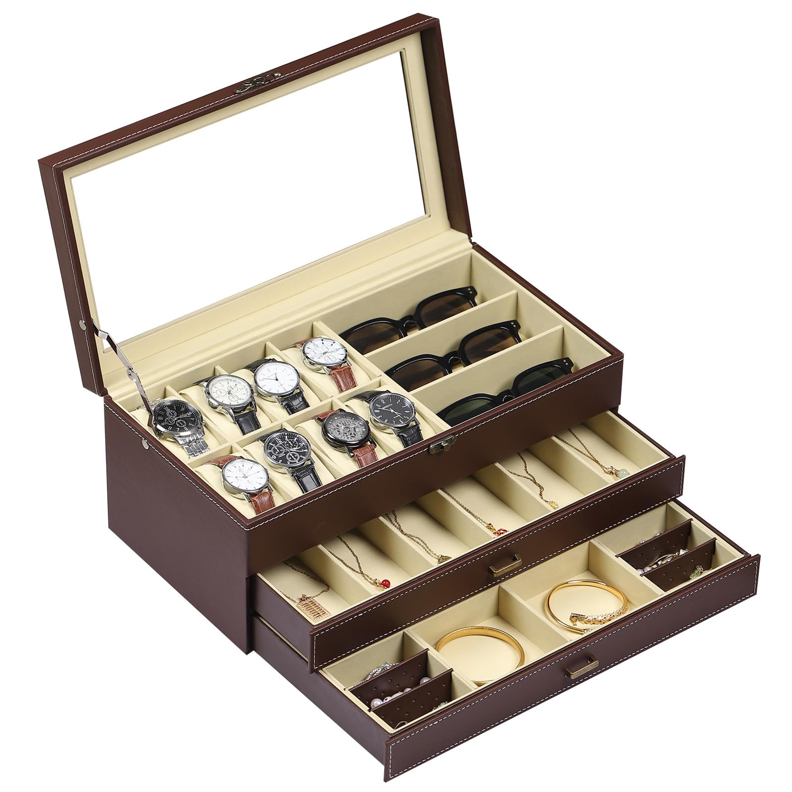 NFBCXUTKW AUTOARK 3 Layer Leather 8 Watch and 3 Eyeglasses Sunglass Box with Jewelry Display Drawer Lockable Case Organizer,Mens Women Storage Holder Boxes,Glass Top,Brown,MKAW100