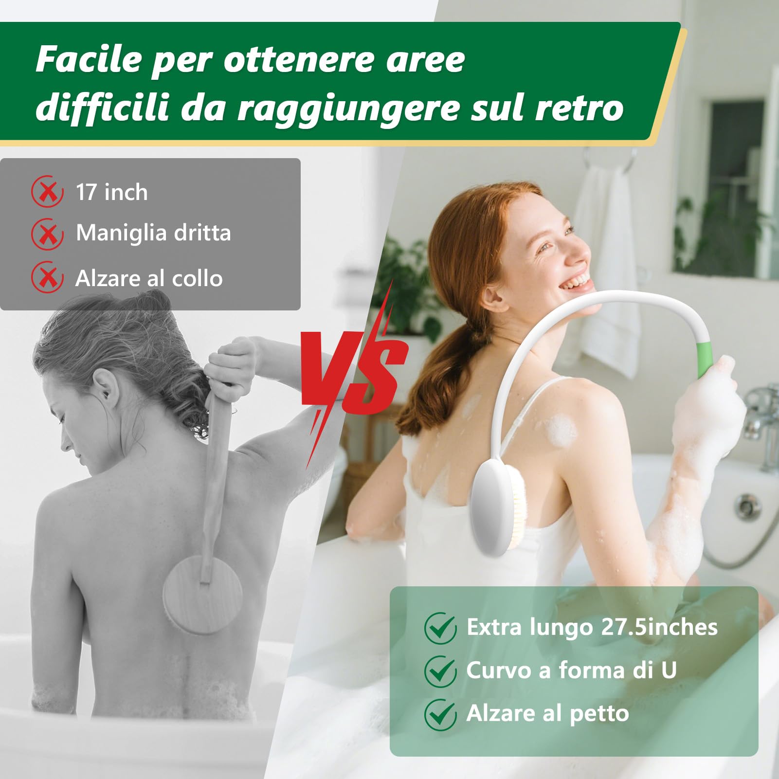 Spazzola per schiena con manico lungo, ergonomica, con setole morbide, per tutte le parti del corpo, per tutti i tipi di pelle, esfoliazione morbida, miglioramento della salute della pelle