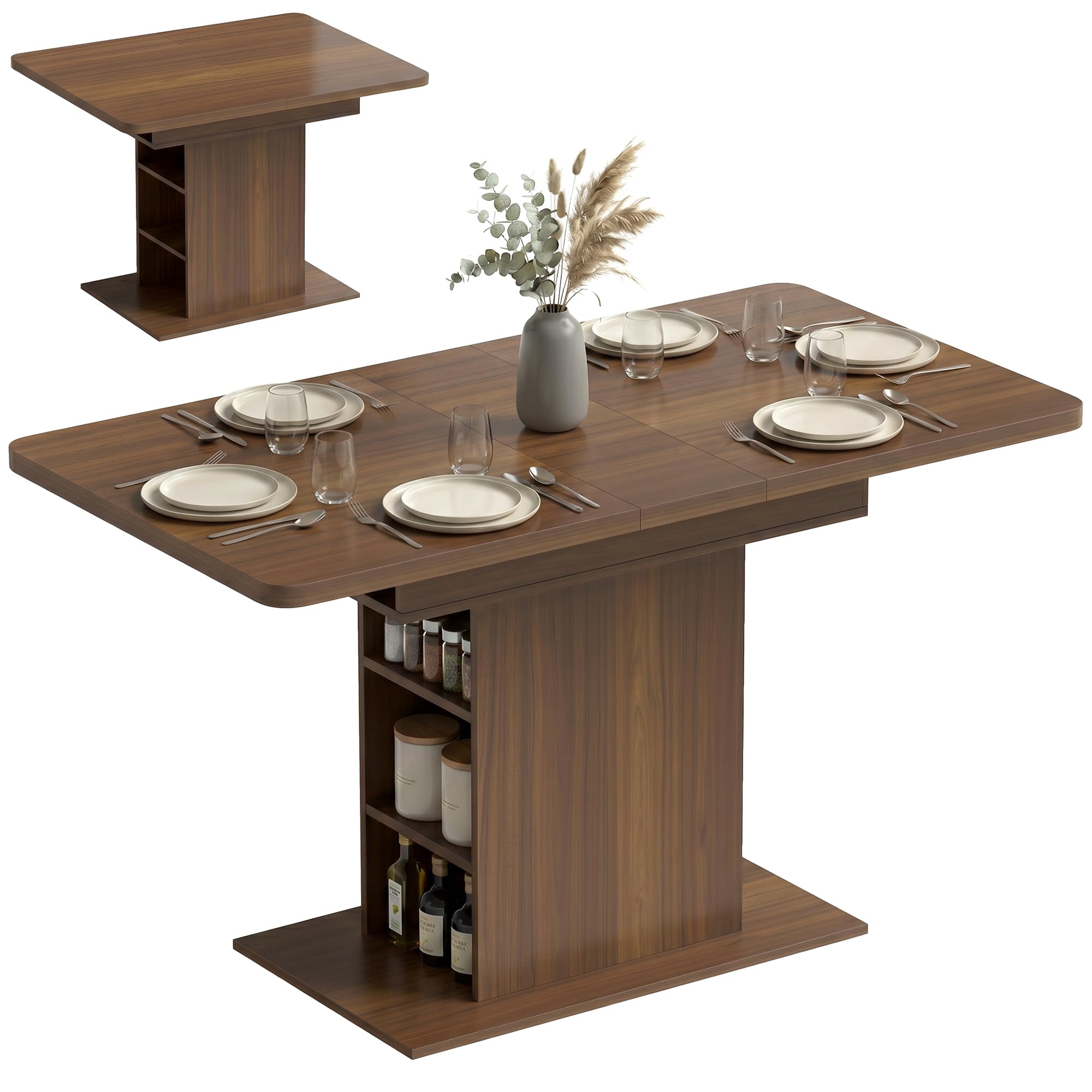 HOMCOM Extendable Dining Table for 4-6 People, 110-130cm Kitchen Table with 6 Open Shelves, Storage Compartment for Home, Living Room, Small Spaces, Walnut Brown