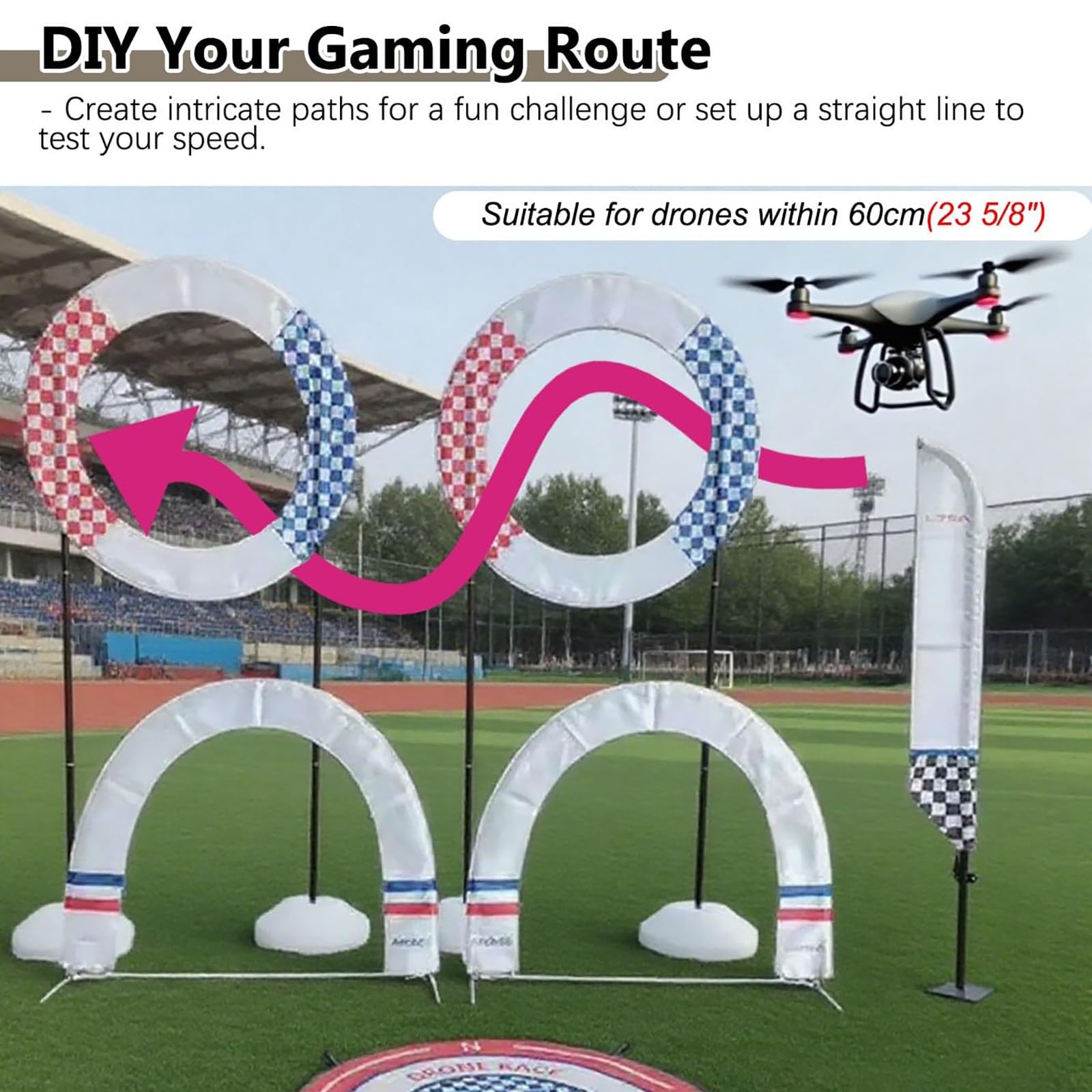 Zestaw toru przeszkód dla dronów (60 cm) – Halowy zestaw treningowy do wyścigów FPV z bramkami łukowymi i okrągłymi, flagami oraz lądowiskiem; dla quadcopterów o rozstawie osi ≤ 85 mm(Style-B)