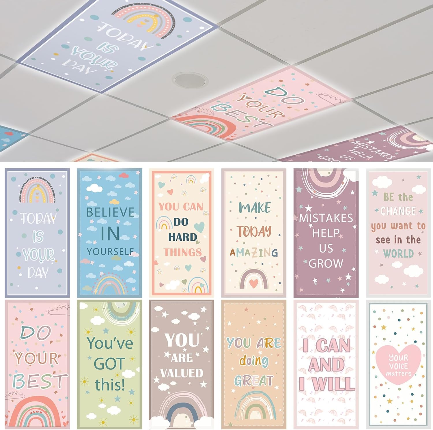 12 Pcs Fluorescent Light Covers 4 x 2 ft Magnetic Ceiling Light Cover 120 Magnets Inspirational Boho Rainbow Lamp Filters Easy Install for Classroom School Office Home Drop Decorative