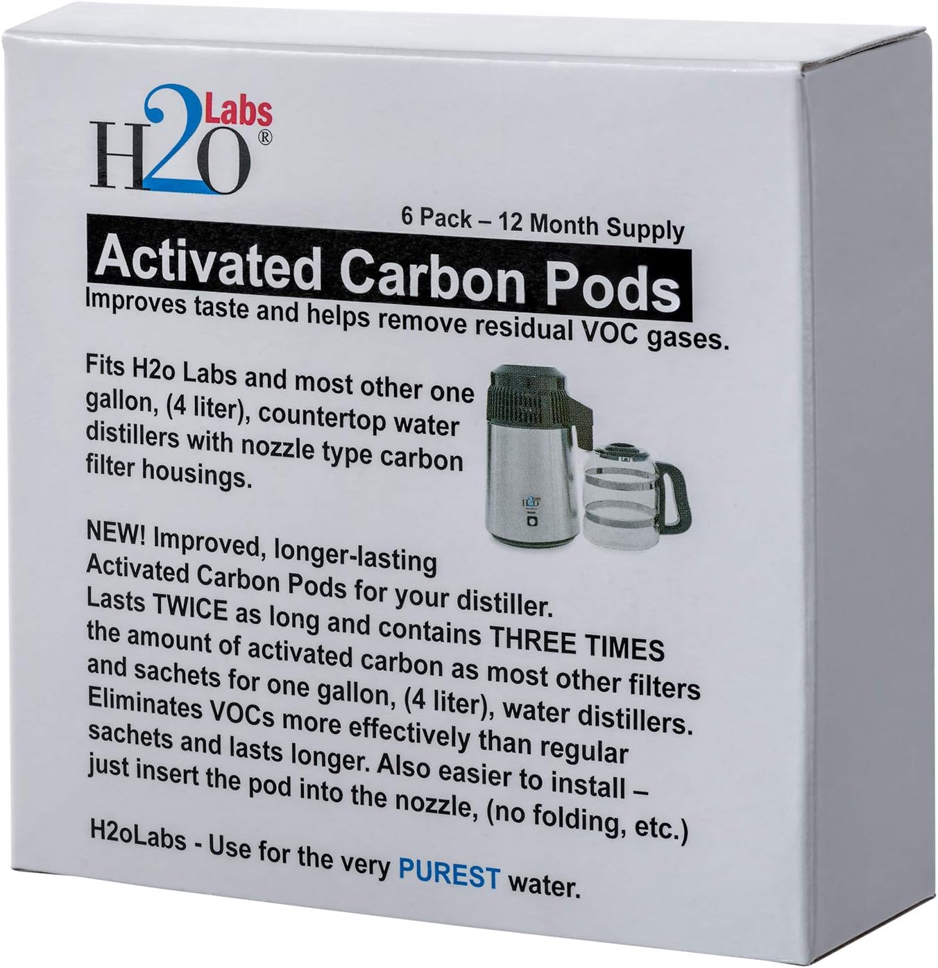 H2o Labs Exclusive Carbon Pods for Water Distillers - Lasts 2x as Long as Most Other Filters & Sachets - Contains 3x More Carbon for Pure Distilled Water - One-Year Supply