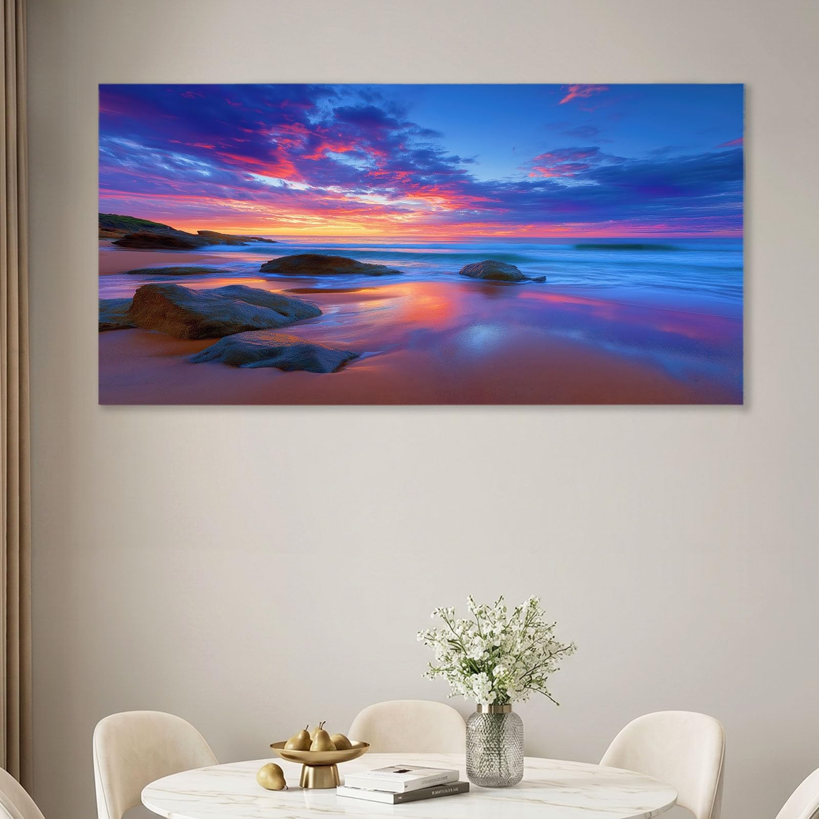 Obraz ścienny natura wybrzeże obraz na płótnie - płótno ścienne 120 x 80 cm druk na płótnie z plażą wieczorną czerwień chmury, oprawiona sztuka ścienna do salonu i sypialni, dekoracja ścienna
