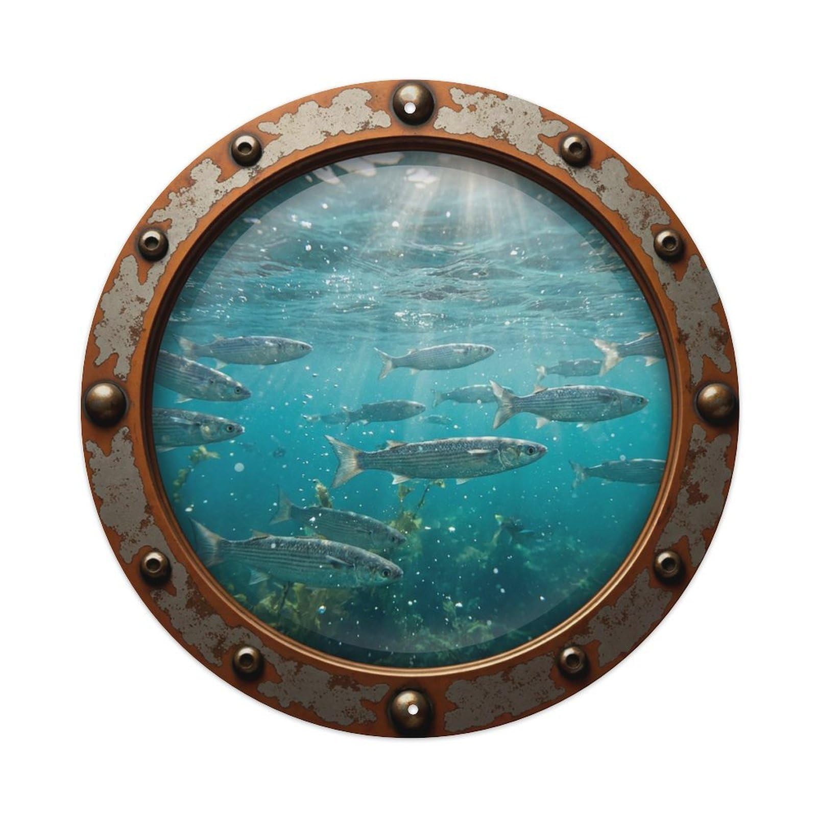 Gead 8X8inch Style Vintage Porthole Mullet Fish Nautical Window View Metal Tin Sign
